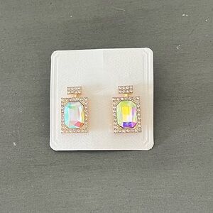Aurora Borealis Rhinestone & Gold Perfume Bottle Costume Jewelry 1" Earrings
